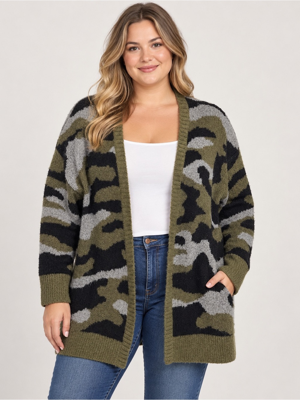 Madden Girl Women’s Camo Open Front Cardigan Olive Black Gray Size L